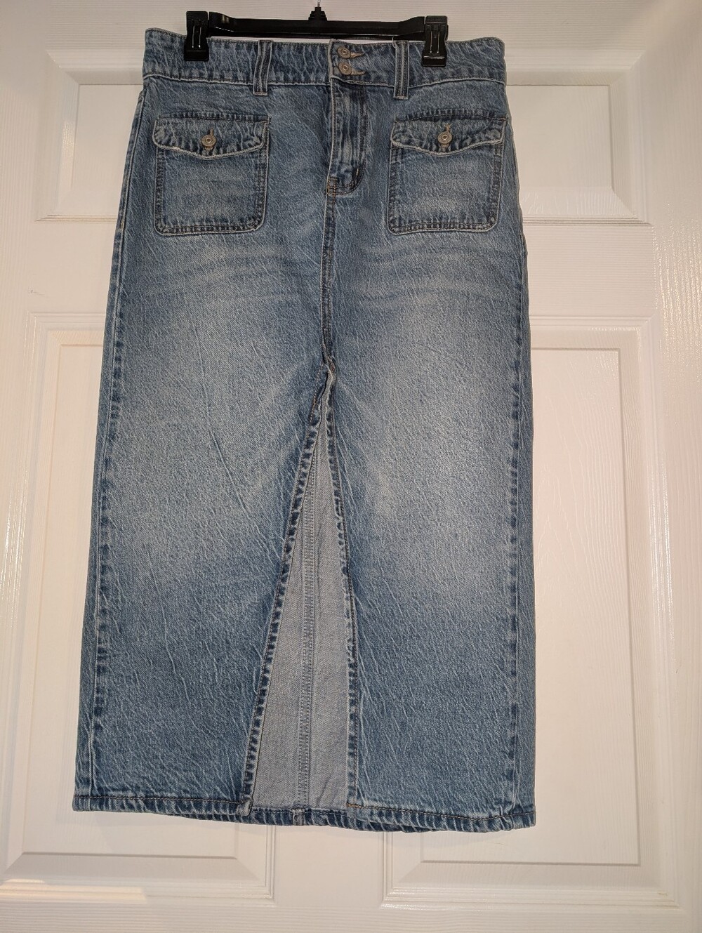 Free People Light Blue Denim Midi Skirt with Front Slit